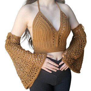 🧶 Handmade Crochet Halter Top + Mesh Sleeves Set 🧶